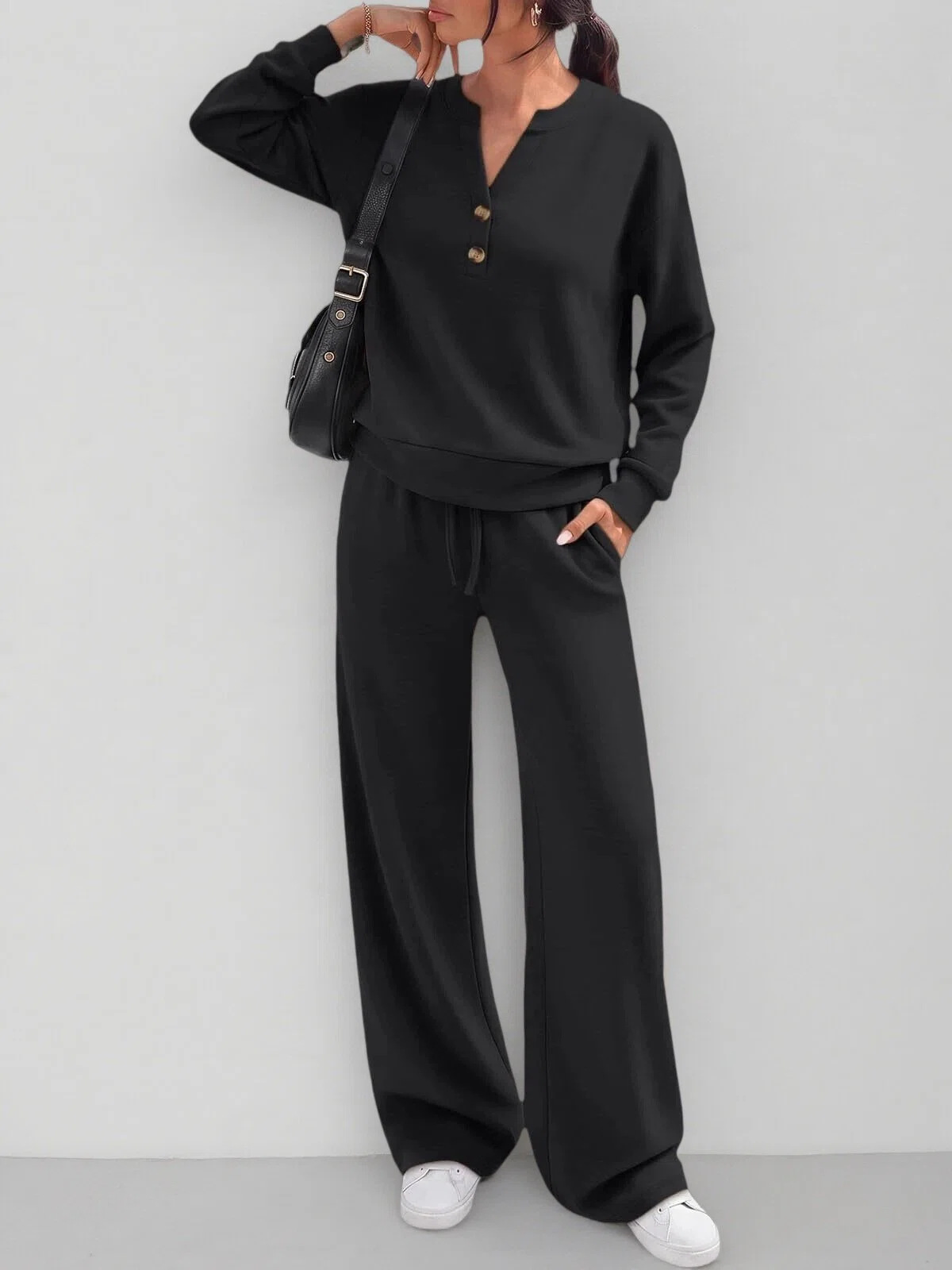 Henley Button‑Notch Sweatshirt & Drawstring Wide‑Leg Two‑Piece Loungewear Set