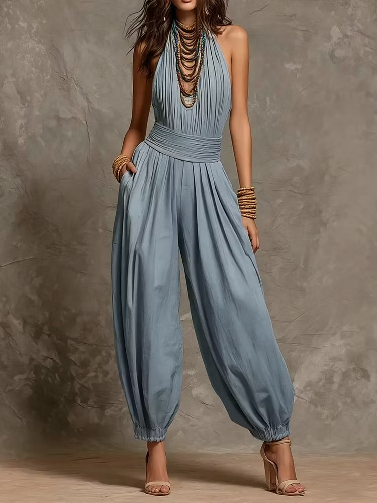 Ruched Halter Neck Self Tie Waist Jogger Harem Jumpsuit With Side Pockets