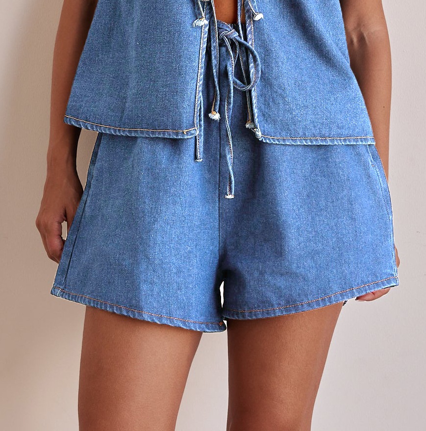 Tie Front Sleeveless Denim Two-Piece Short Set