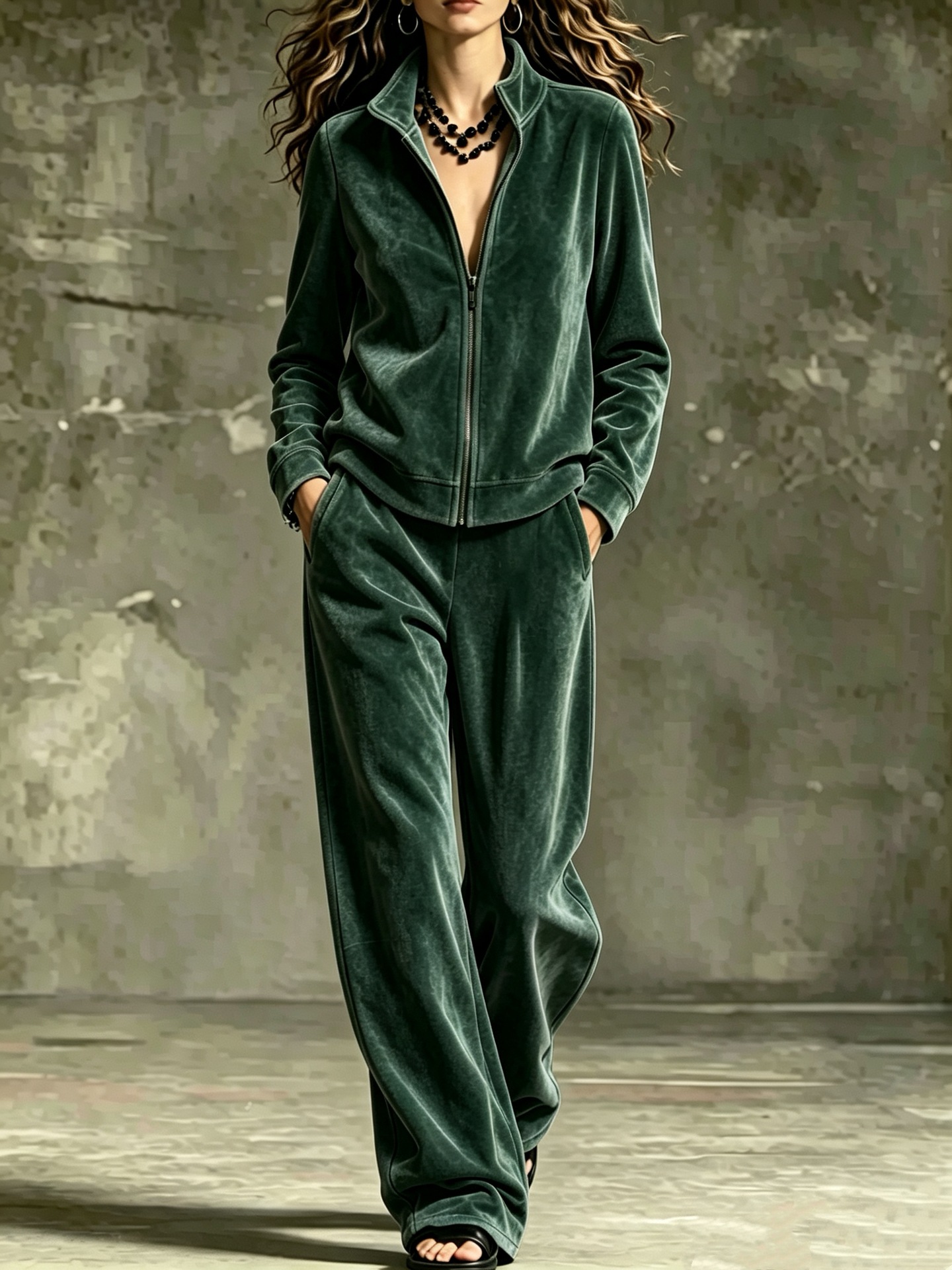 2‑Piece Velour Tracksuit Set | Full‑Zip Stand Collar Jacket & Wide‑Leg Pants Luxury Loungewear Outfit