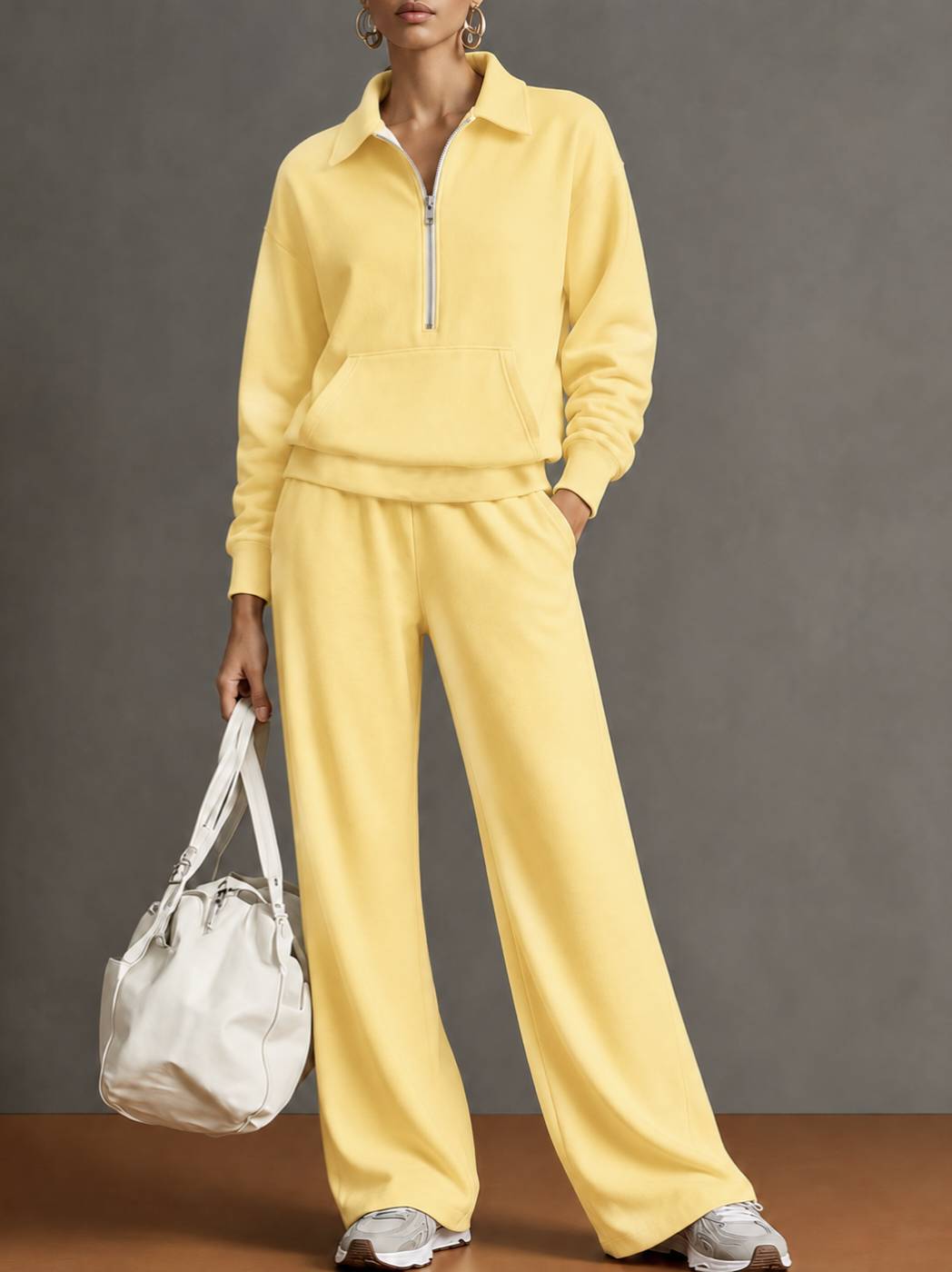 Polo Collar Half‑Zip Sweatshirt with Kangaroo Pocket & Drawstring Wide‑Leg Two‑Piece Loungewear Set