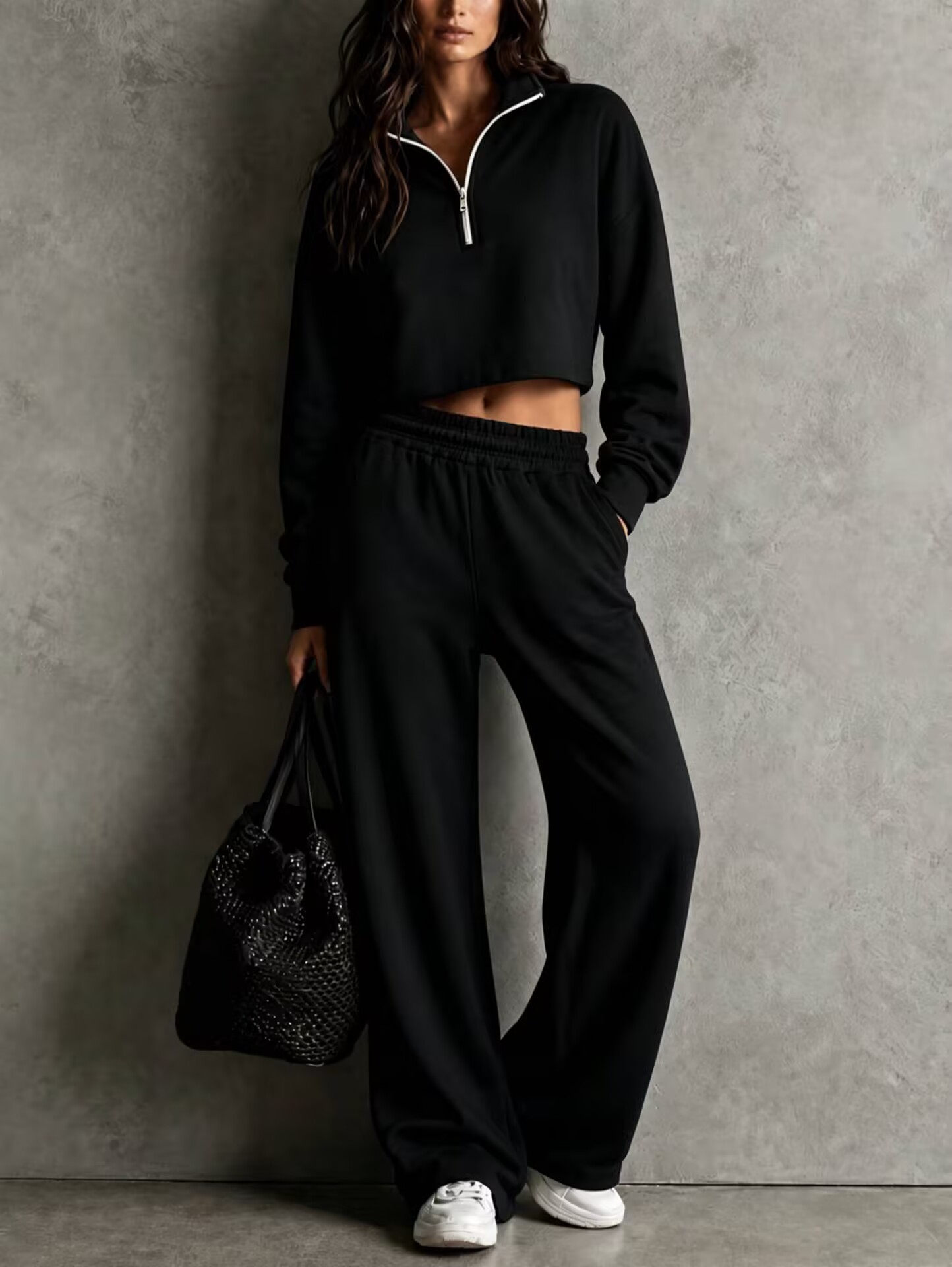 2‑Piece Sweat Co‑Ord Set | Cropped Half‑Zip Stand Collar Top & Elastic Waist Wide‑Leg Sweatpants Streetwear Loungewear Outfit