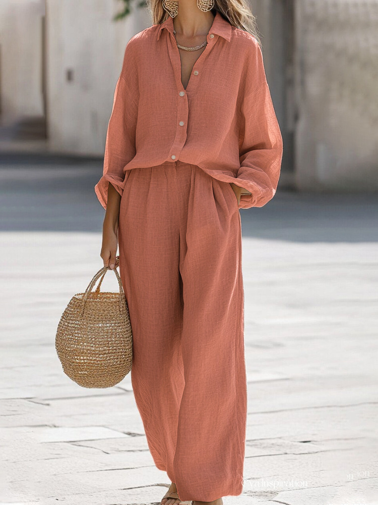 🌞 Oversized Long‑Sleeve Button‑Down Shirt & Elastic Waist Wide‑Leg Linen Two‑Piece Set