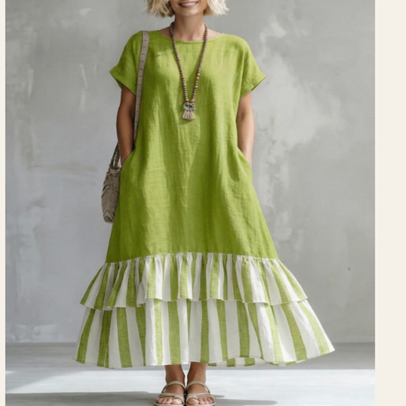 Solid Navy Top Striped Tiered Ruffle Hem Linen Midi Dress