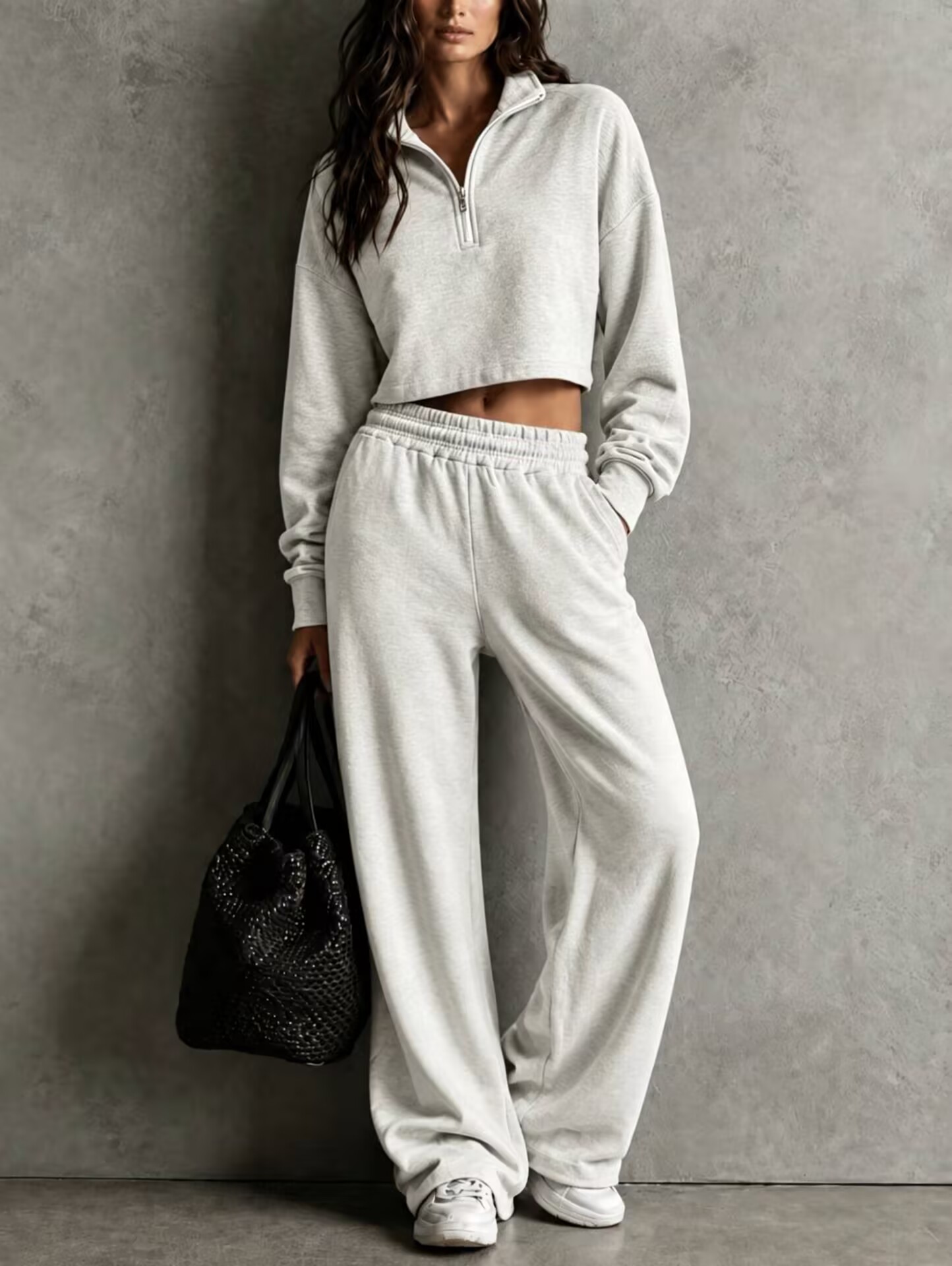 2‑Piece Sweat Co‑Ord Set | Cropped Half‑Zip Stand Collar Top & Elastic Waist Wide‑Leg Sweatpants Streetwear Loungewear Outfit