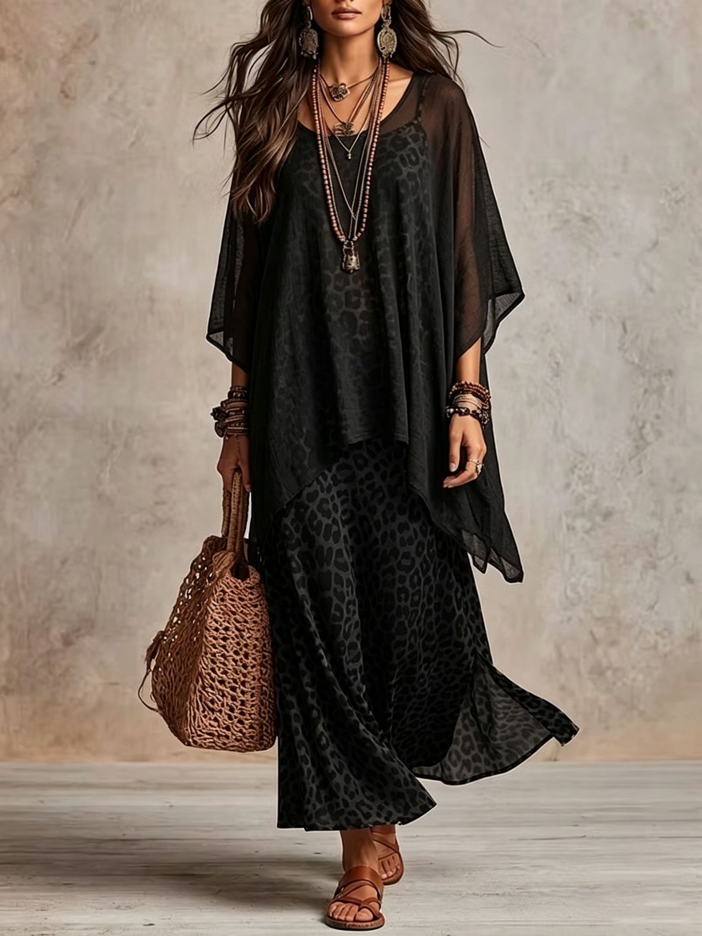 Leopard Print Cami Maxi Dress + Sheer Batwing Cover-Up Two-Piece Set