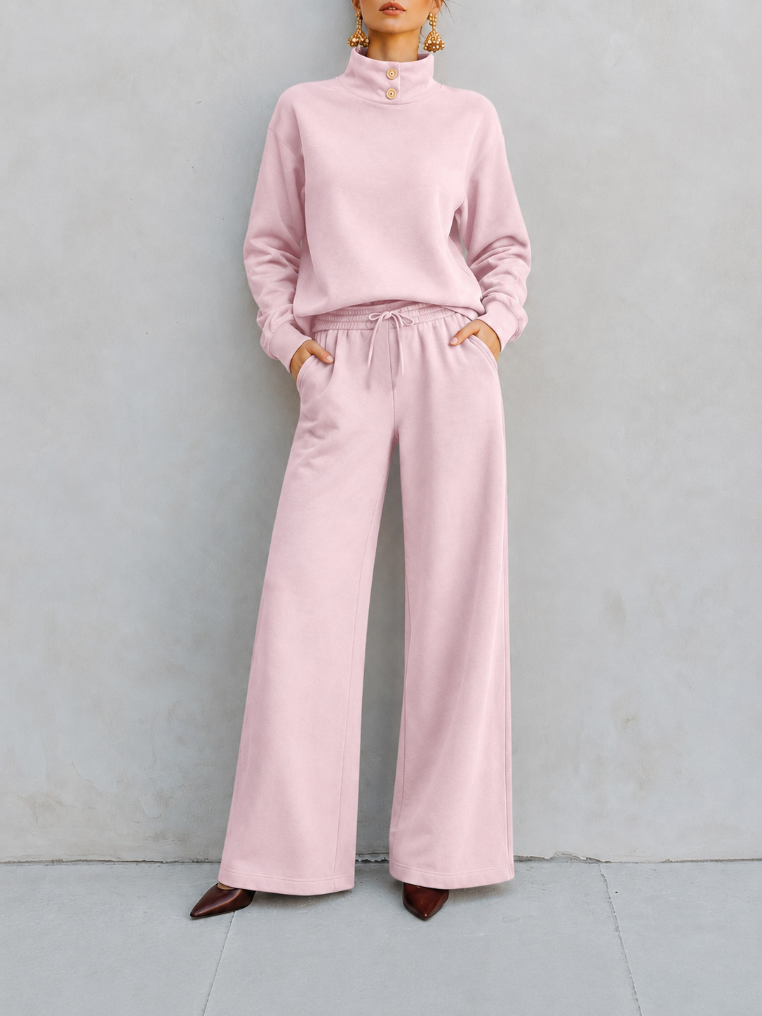 Button‑Detail Mock Neck Sweatshirt & Drawstring Wide‑Leg Two‑Piece Loungewear Set