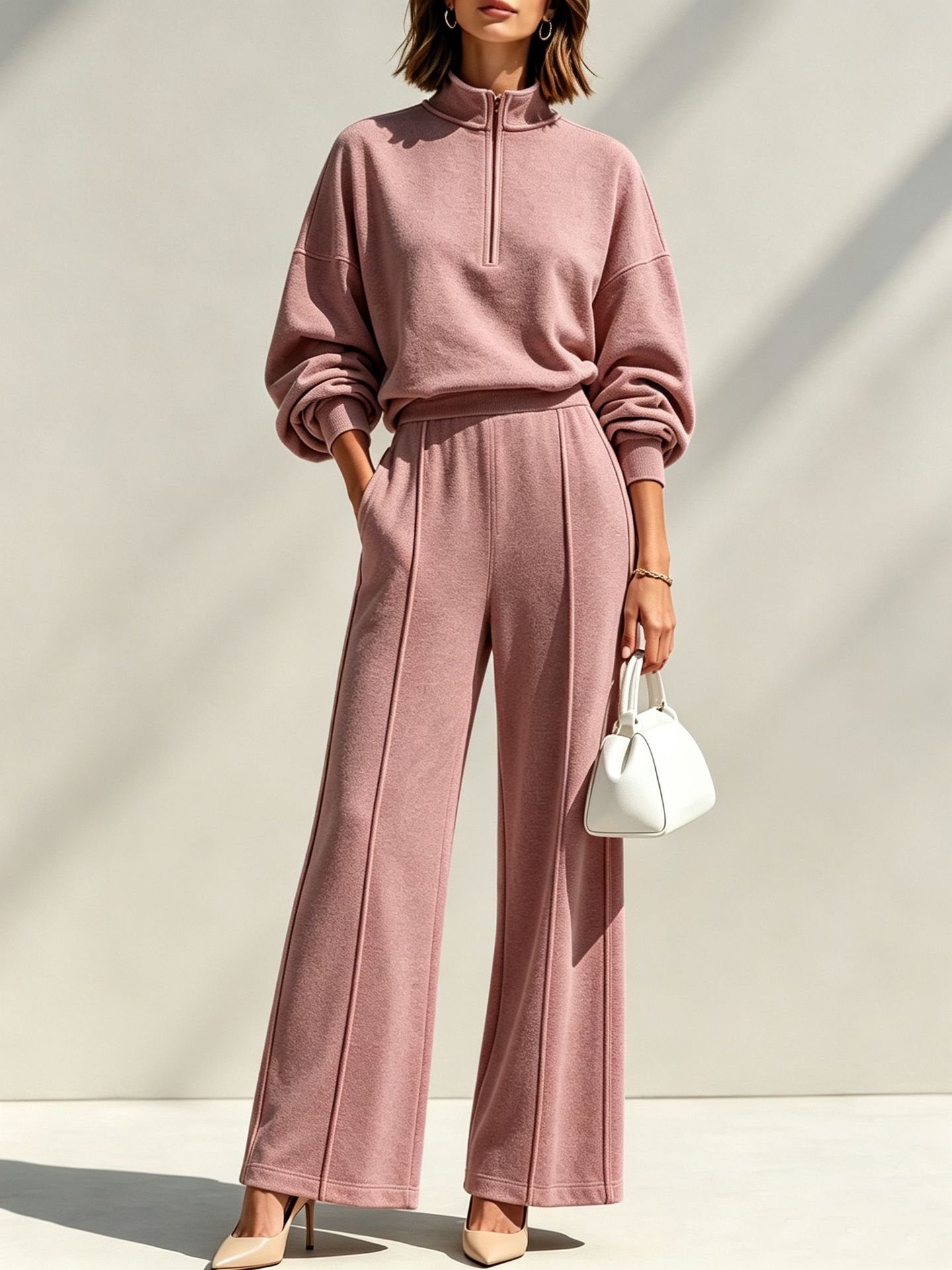 2‑Piece French Terry Co‑Ord Set | Half‑Zip Stand Collar Sweat Top & Seam‑Detail Wide‑Leg Pants Elevated Loungewear Outfit