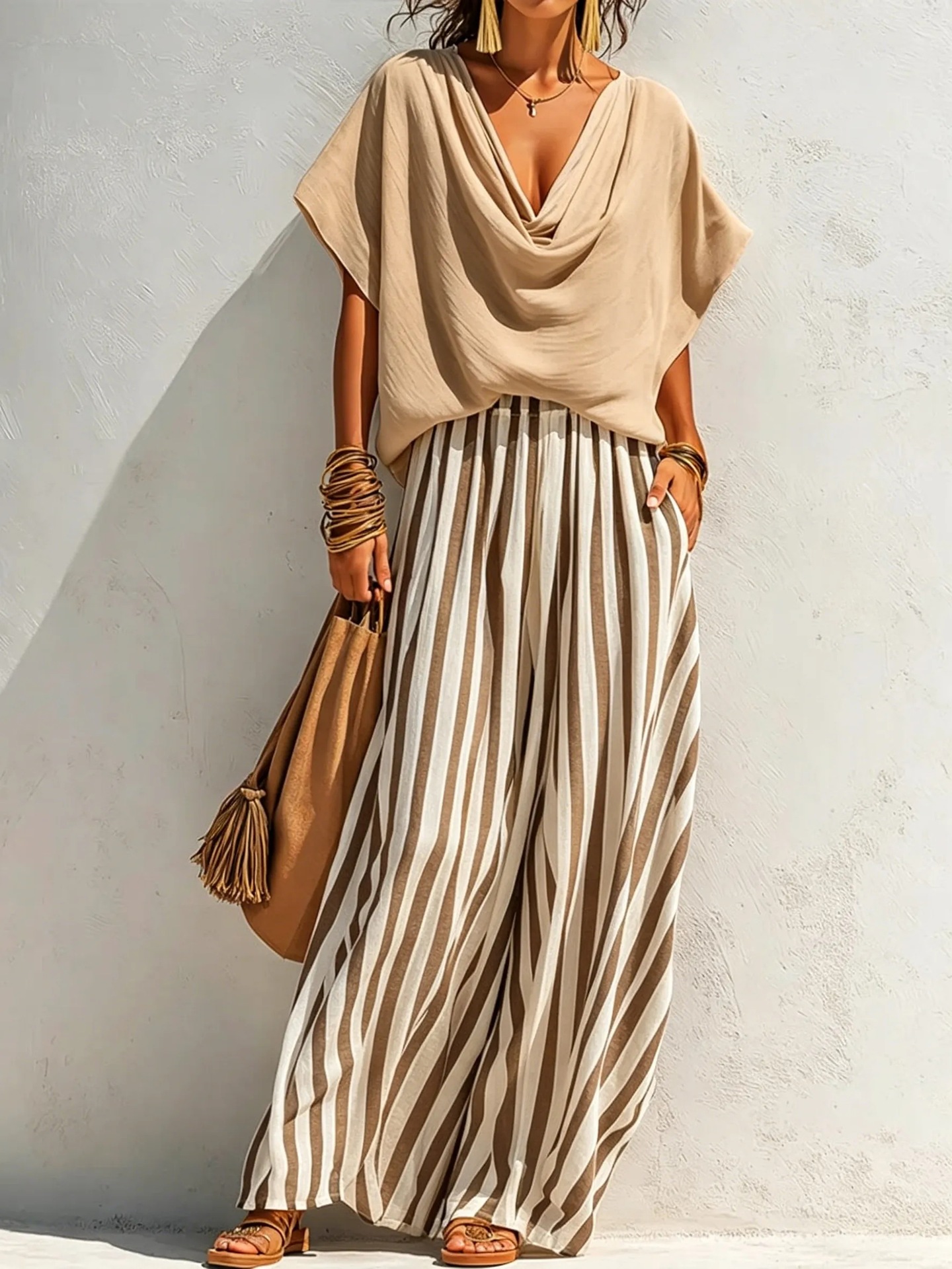 Women's Solid-color Cowl-neck Short-sleeve Loose-fit Cotton-linen Top & Elastic-waist Striped Wide-leg Cotton-linen Pants Set