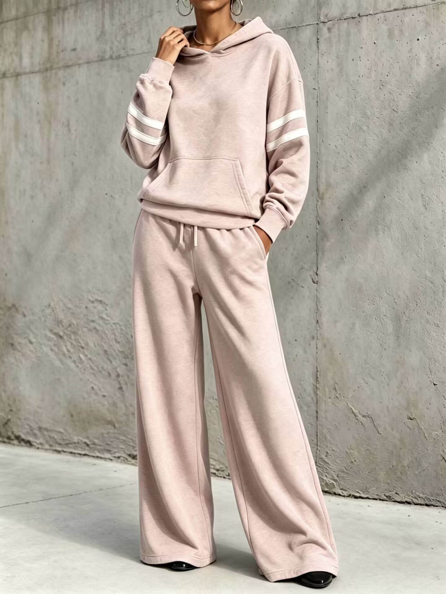 Striped‑Sleeve Hooded Wide‑Leg Tracksuit Two‑Piece Set