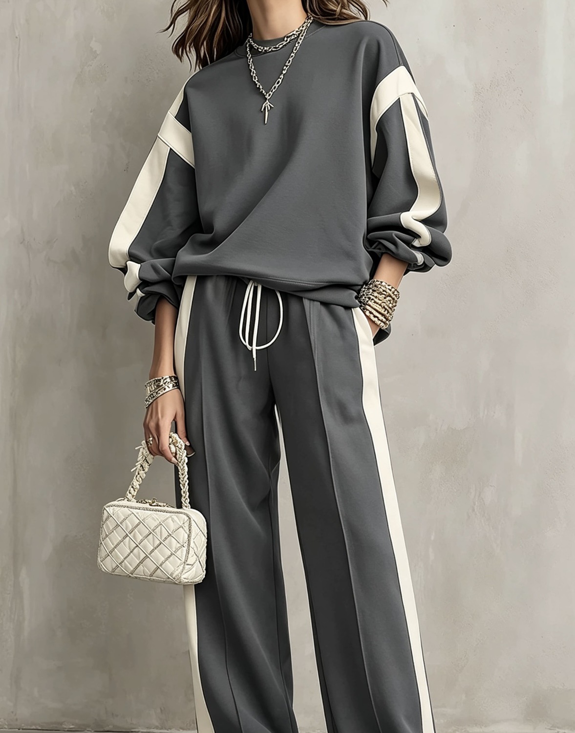 Olive Green Crew-neck Sweatshirt And Drawstring Wide-leg Pants Casual Set