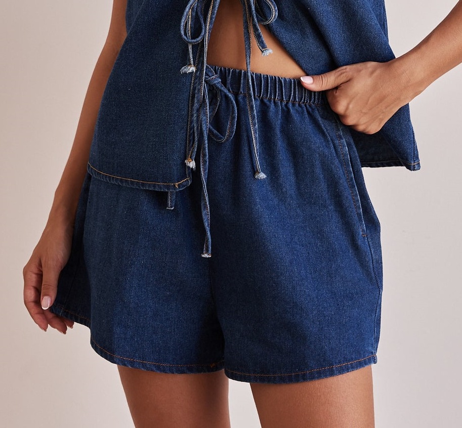 Tie Front Sleeveless Denim Two-Piece Short Set