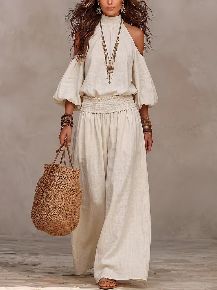 🔥 High‑Neck Cold‑Shoulder Puff‑Sleeve Top & Wide‑Leg Pants Cotton‑Linen Set 