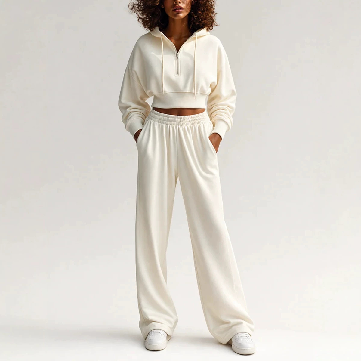 2‑Piece Sweat Co‑Ord Set | Cropped Half‑Zip Hoodie & Elastic Waist Wide‑Leg Sweatpants Casual Streetwear Outfit