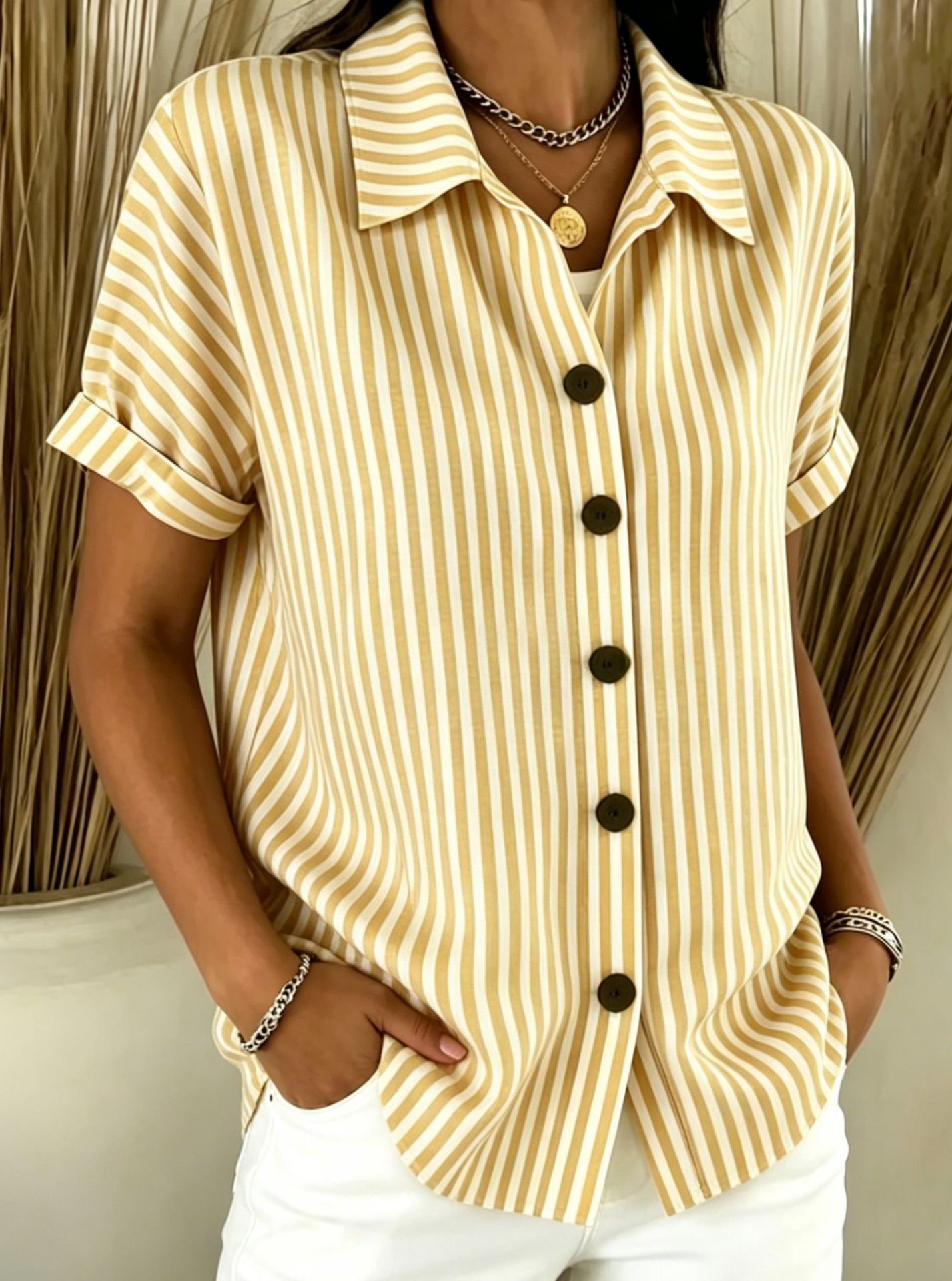 Vertical Stripe Lapel Collar Rolled Short Sleeve Button Down Casual Shirt