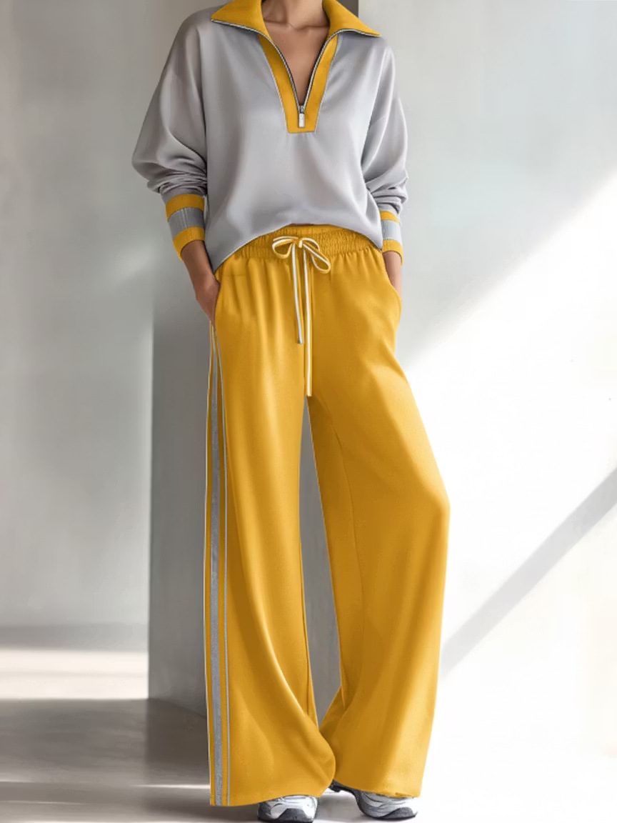 2‑Piece Half‑Zip Collared Co‑Ord Set | Long Sleeve Pullover & Drawstring Wide Leg Track Pants Casual Sport Outfit