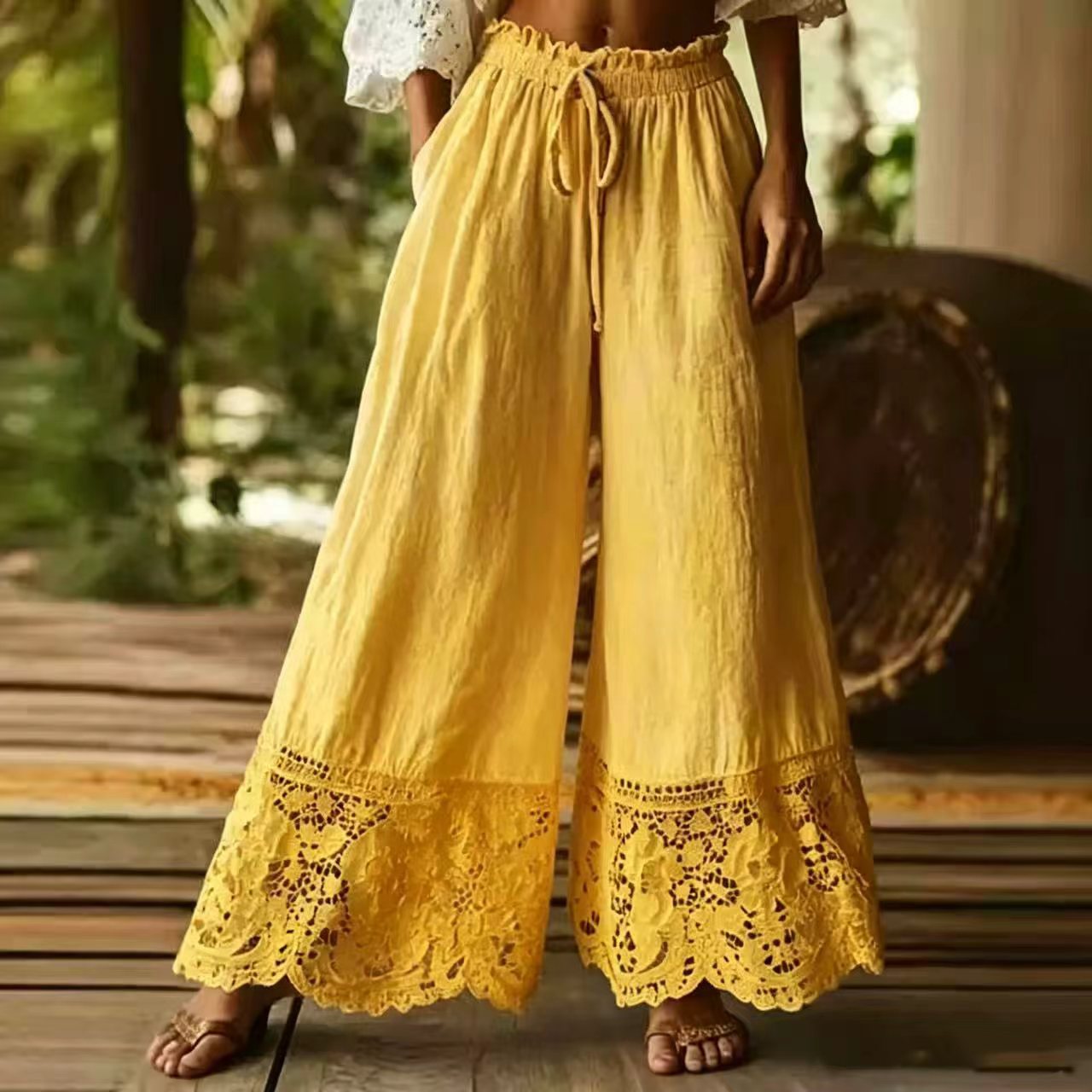 Lace-Trimmed Drawstring Waist Wide-Leg Pants