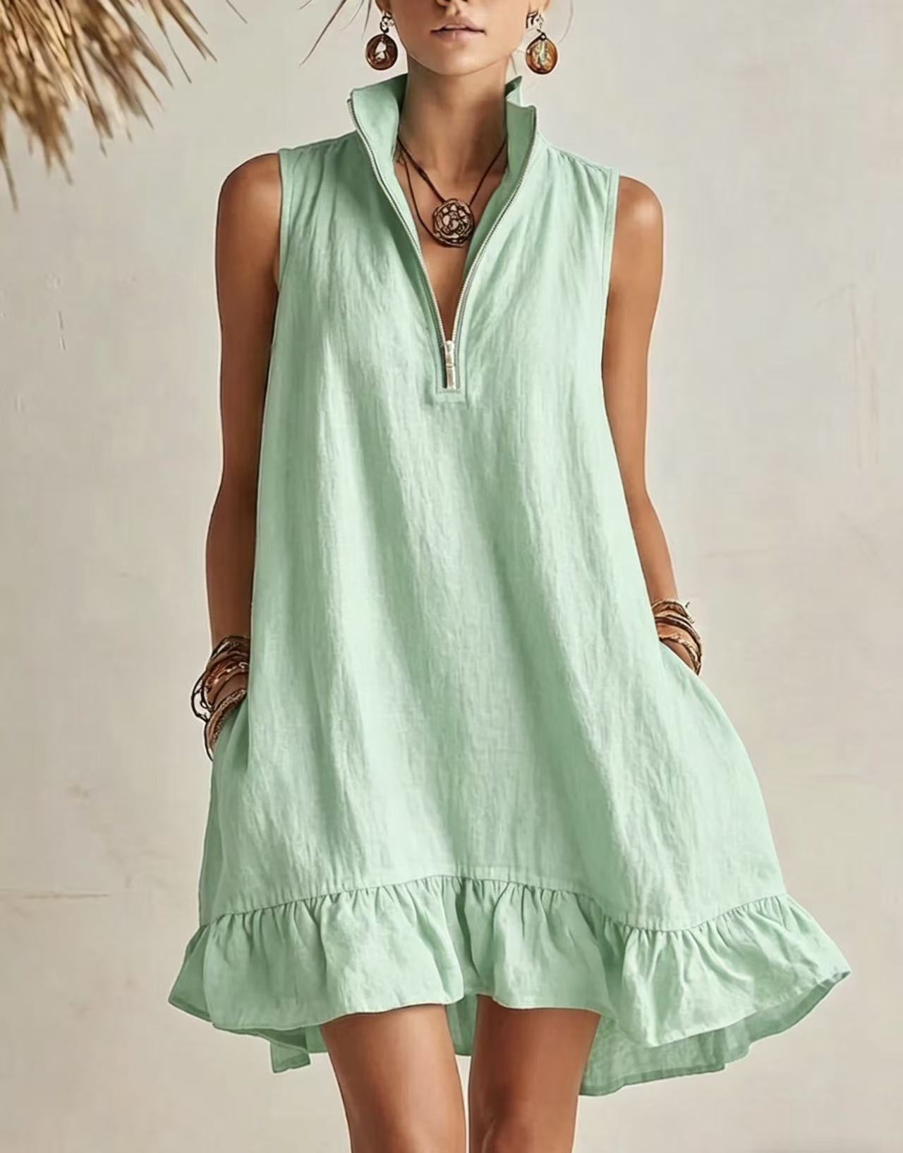 🌞 Half?Zip Stand?Collared Sleeveless Ruffle Hem Linen Mini Dress