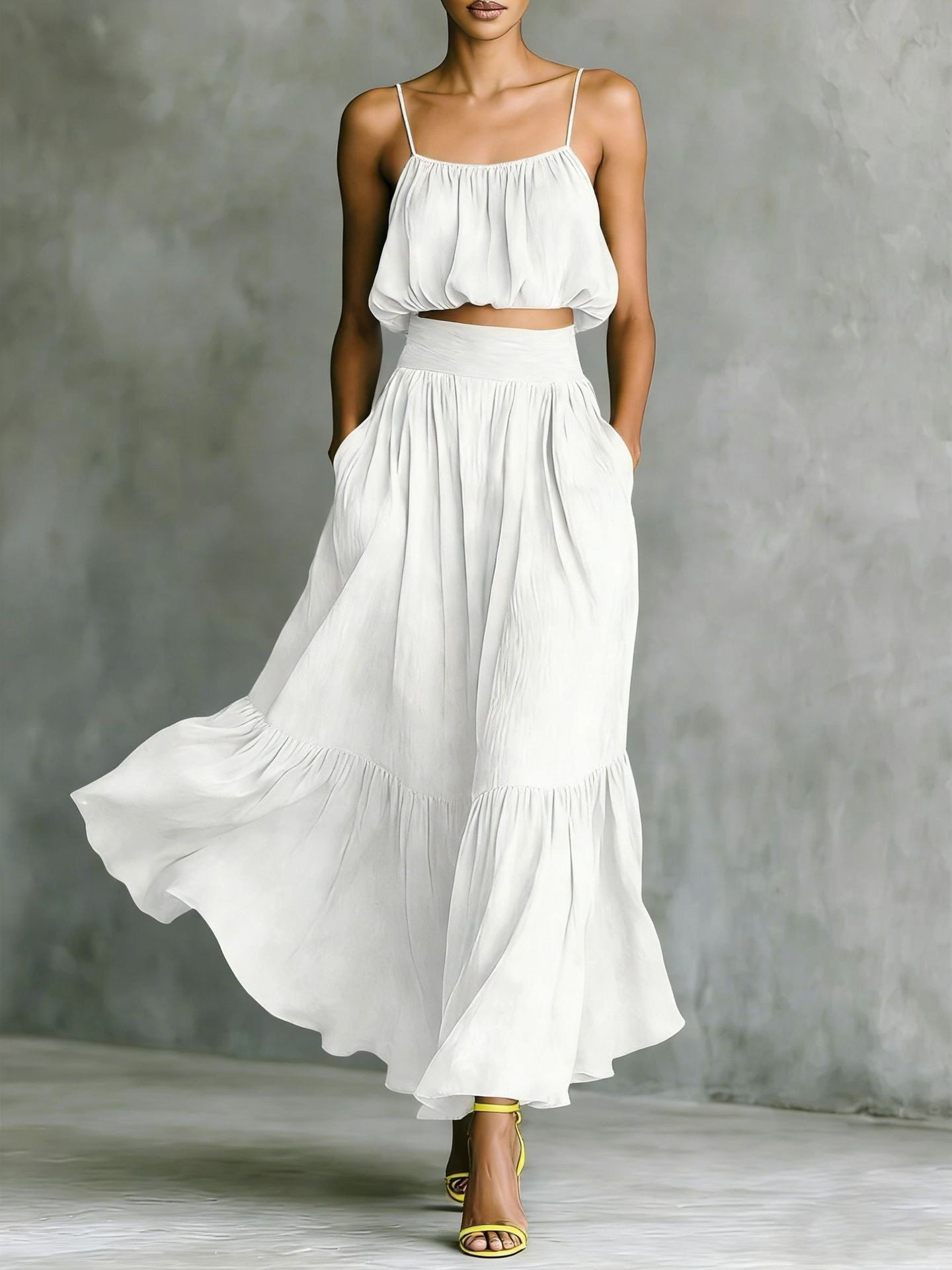 Spaghetti Strap Crop Top Tiered Maxi Skirt Matching Two Piece Set