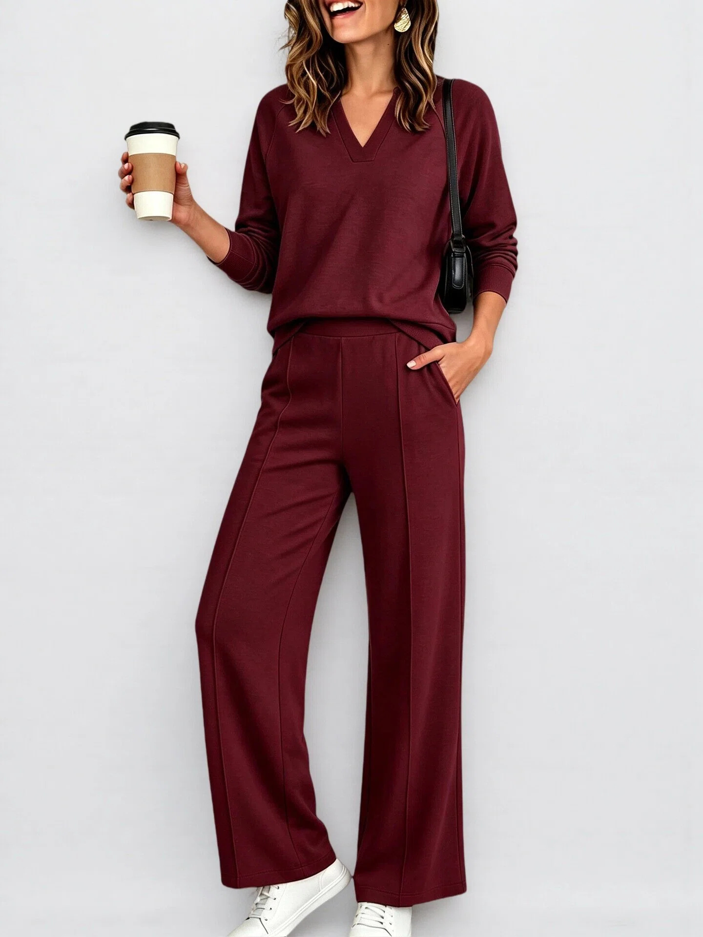 2‑Piece Soft Knit Co‑Ord Set | V‑Neck Long‑Sleeve Top & Front‑Seam Wide‑Leg Pants Casual Smart‑Casual Outfit