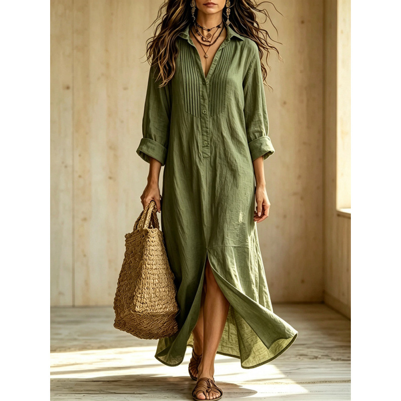 Linen Blend Shirt Maxi Dress | Roll‑Up Sleeve Button‑Front Loose Long Dress