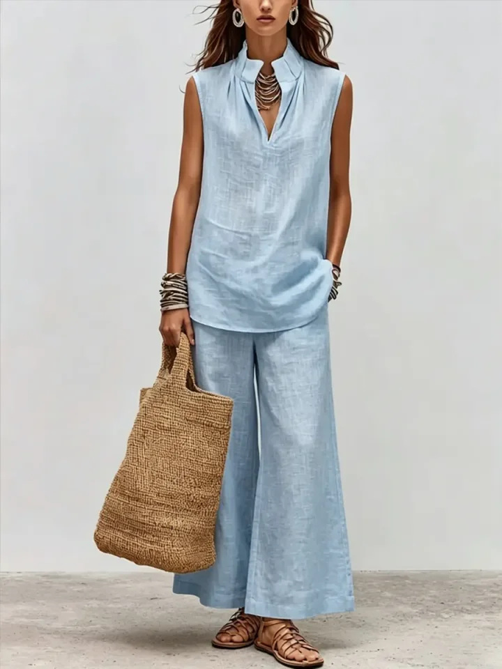 Stand Collar Sleeveless Split Neck Linen Top & Wide Leg Pants Two-Piece Matching Set