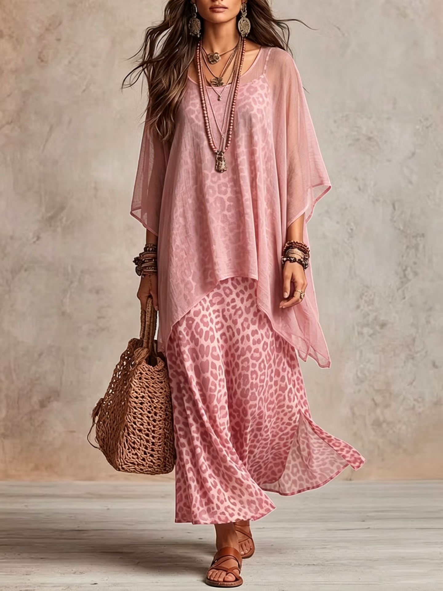 Leopard Print Cami Maxi Dress + Sheer Batwing Cover-Up Two-Piece Set