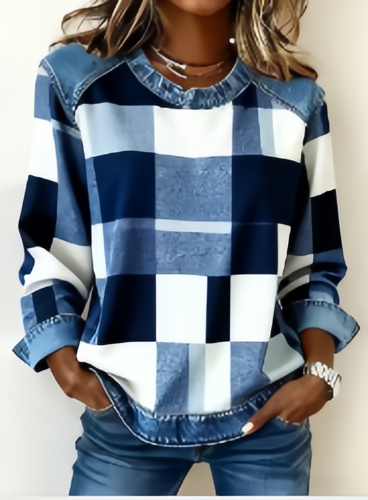 Women's Denim Patchwork Knit Sweater Crewneck Long Sleeve Casual Top