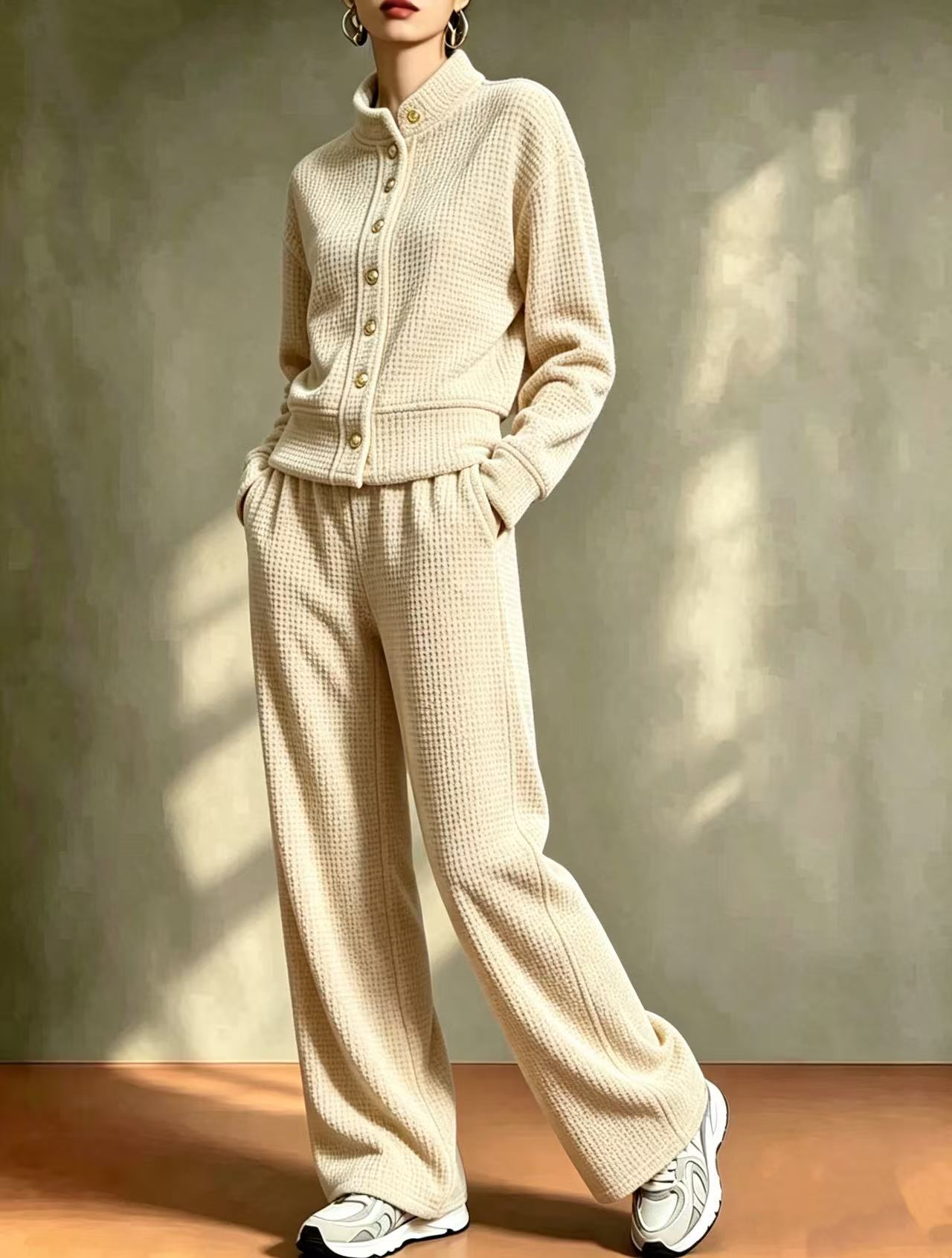 2‑Piece Waffle Knit Co‑Ord Set | Stand‑Collar Button Cardigan Top & Wide‑Leg Pants Casual Loungewear Outfit