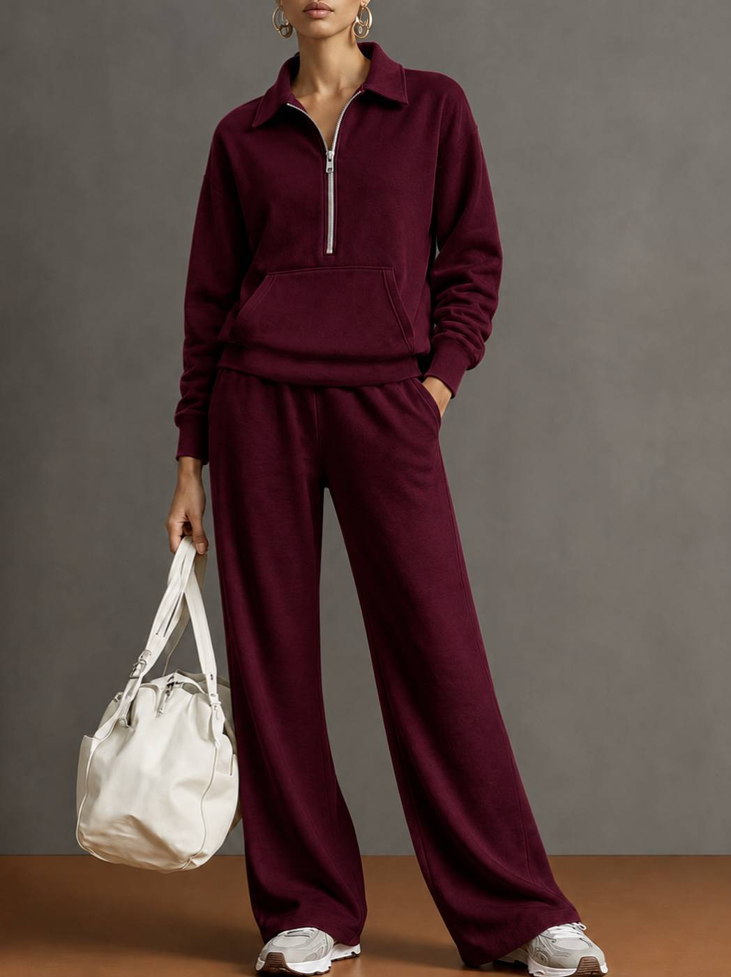 Polo Collar Half‑Zip Sweatshirt with Kangaroo Pocket & Drawstring Wide‑Leg Two‑Piece Loungewear Set