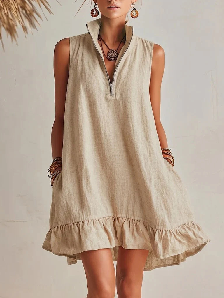 🌞 Half?Zip Stand?Collared Sleeveless Ruffle Hem Linen Mini Dress