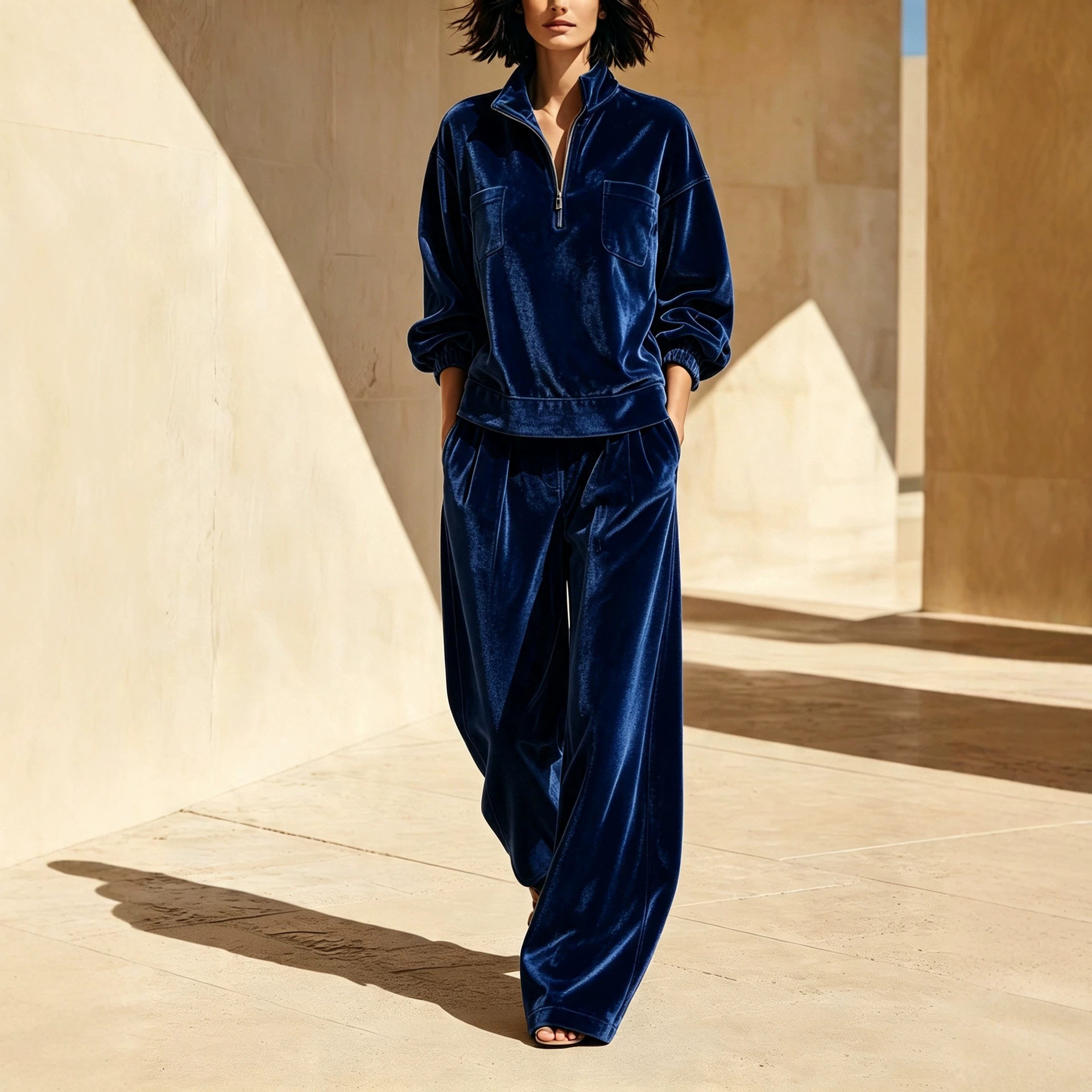 2‑Piece Velour Co‑Ord Set | Half‑Zip Stand Collar Top & Pleated Wide‑Leg Pants Luxury Loungewear Outfit