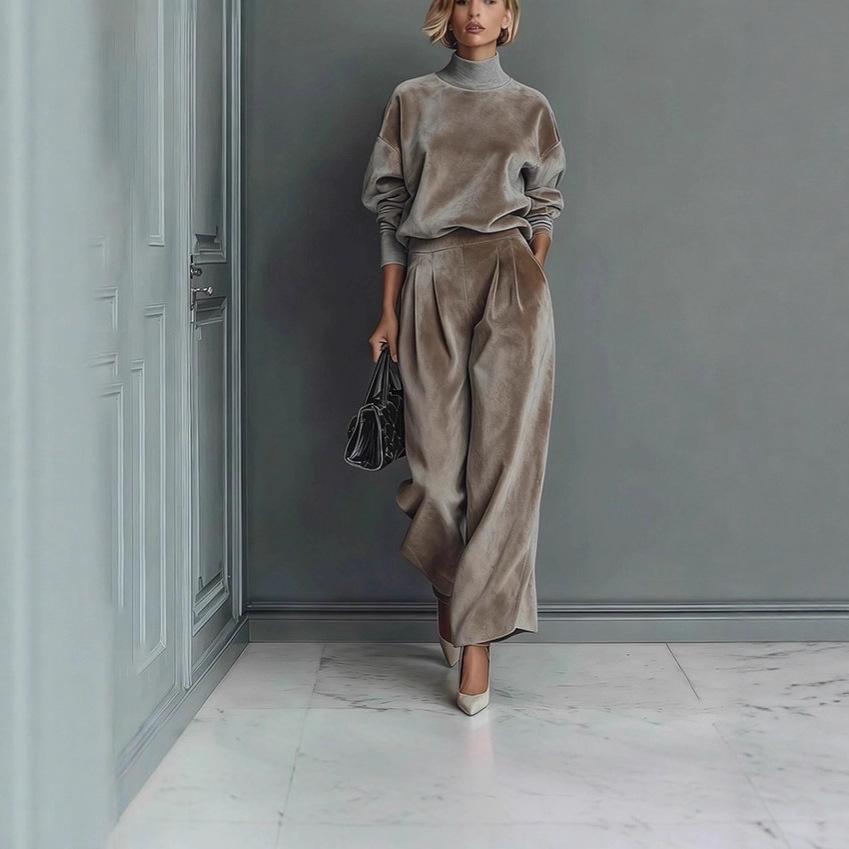 2‑Piece Velour Co‑Ord Set | Oversized Turtleneck Long‑Sleeve Top & Pleated Wide‑Leg Pants Elegant Loungewear Outfit