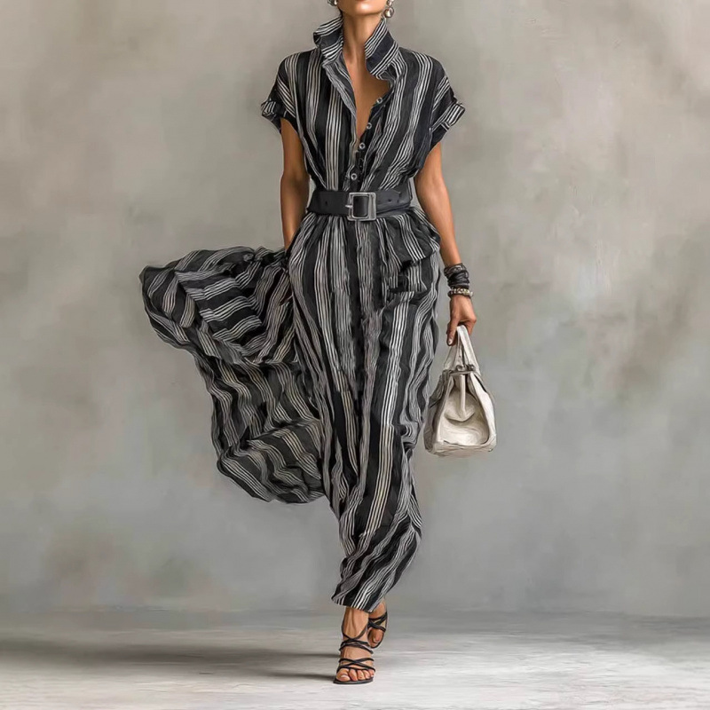 Vertical Stripe Lapel Collar Belted Maxi Shirt Dress