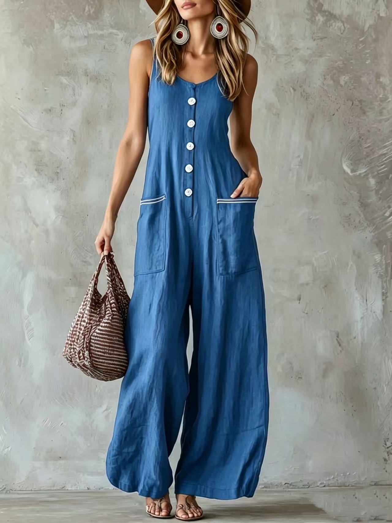 Sleeveless Button Front Contrast Pocket Wide Leg Jumpsuit
