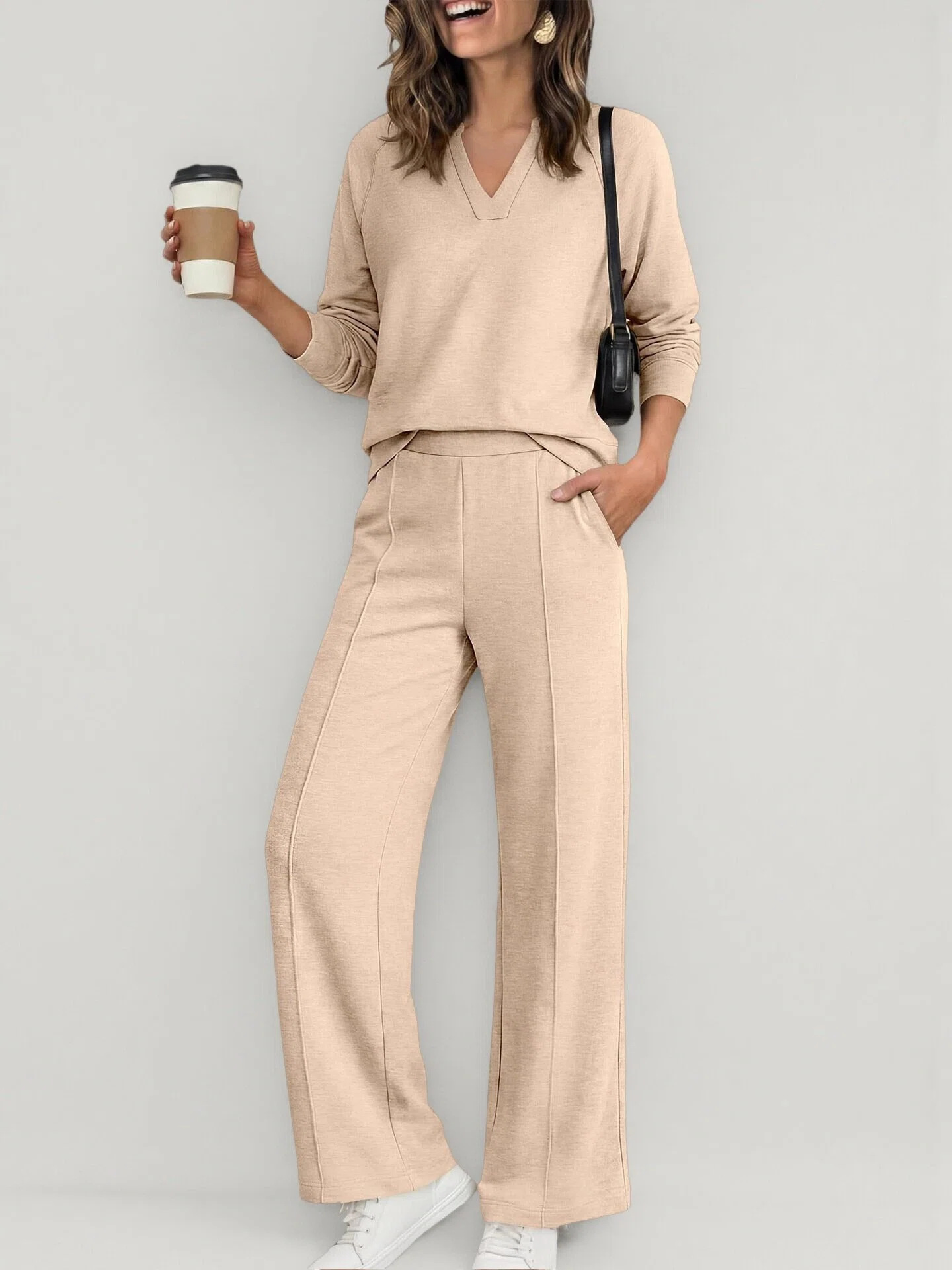 2‑Piece Soft Knit Co‑Ord Set | V‑Neck Long‑Sleeve Top & Front‑Seam Wide‑Leg Pants Casual Smart‑Casual Outfit