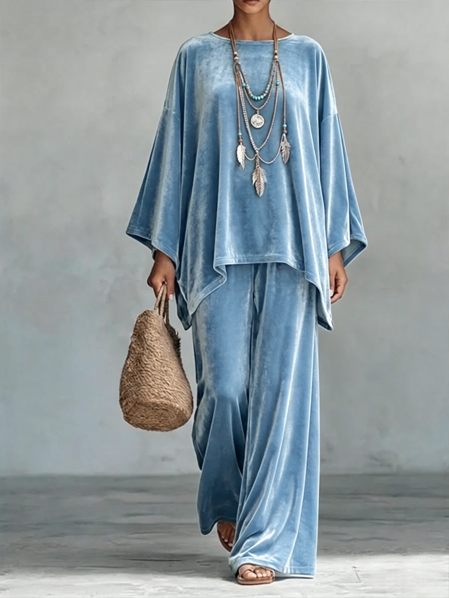 2‑Piece Velvet Co‑Ord Set | Oversized Batwing‑Sleeve Top & Wide‑Leg Palazzo Pants Boho Loungewear Outfit
