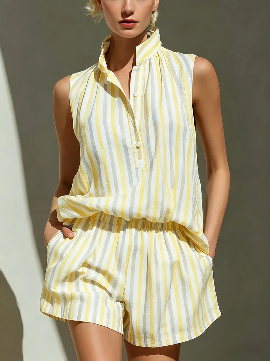 Stand Collar Half Button Sleeveless Striped Top & Elastic Waist Pocket Shorts Two Piece Matching Set