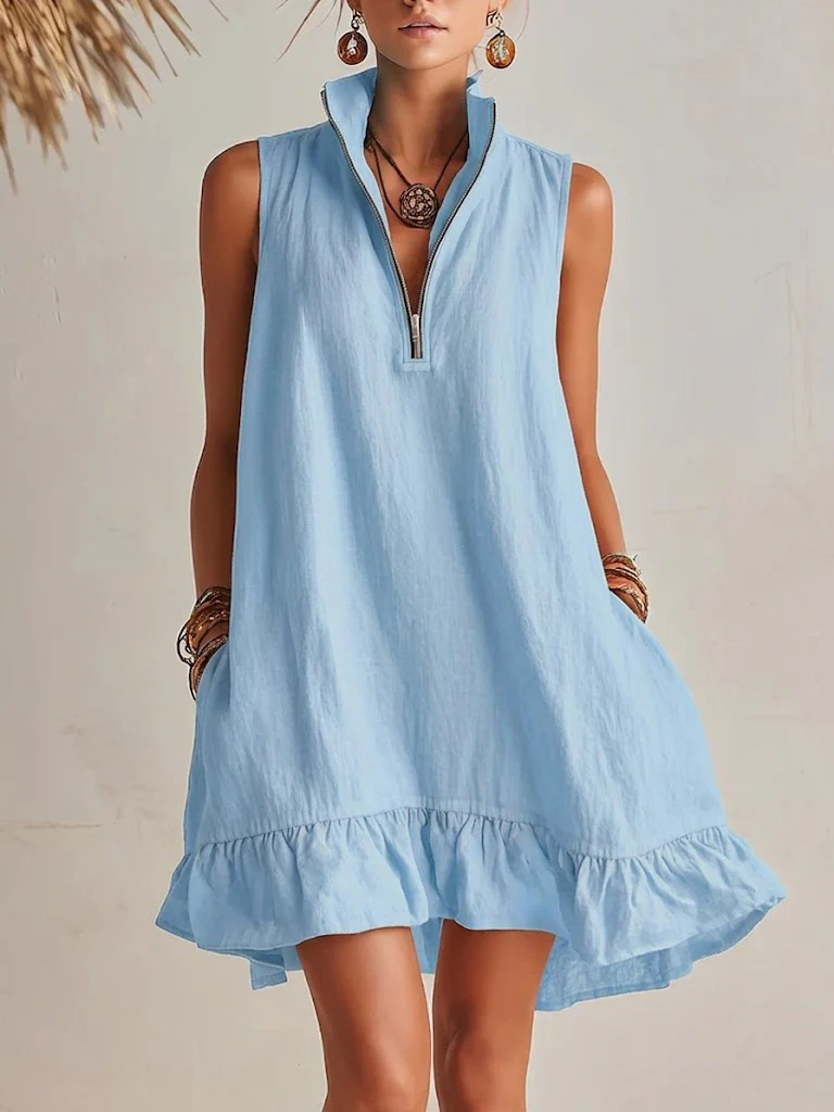 🌞 Half?Zip Stand?Collared Sleeveless Ruffle Hem Linen Mini Dress