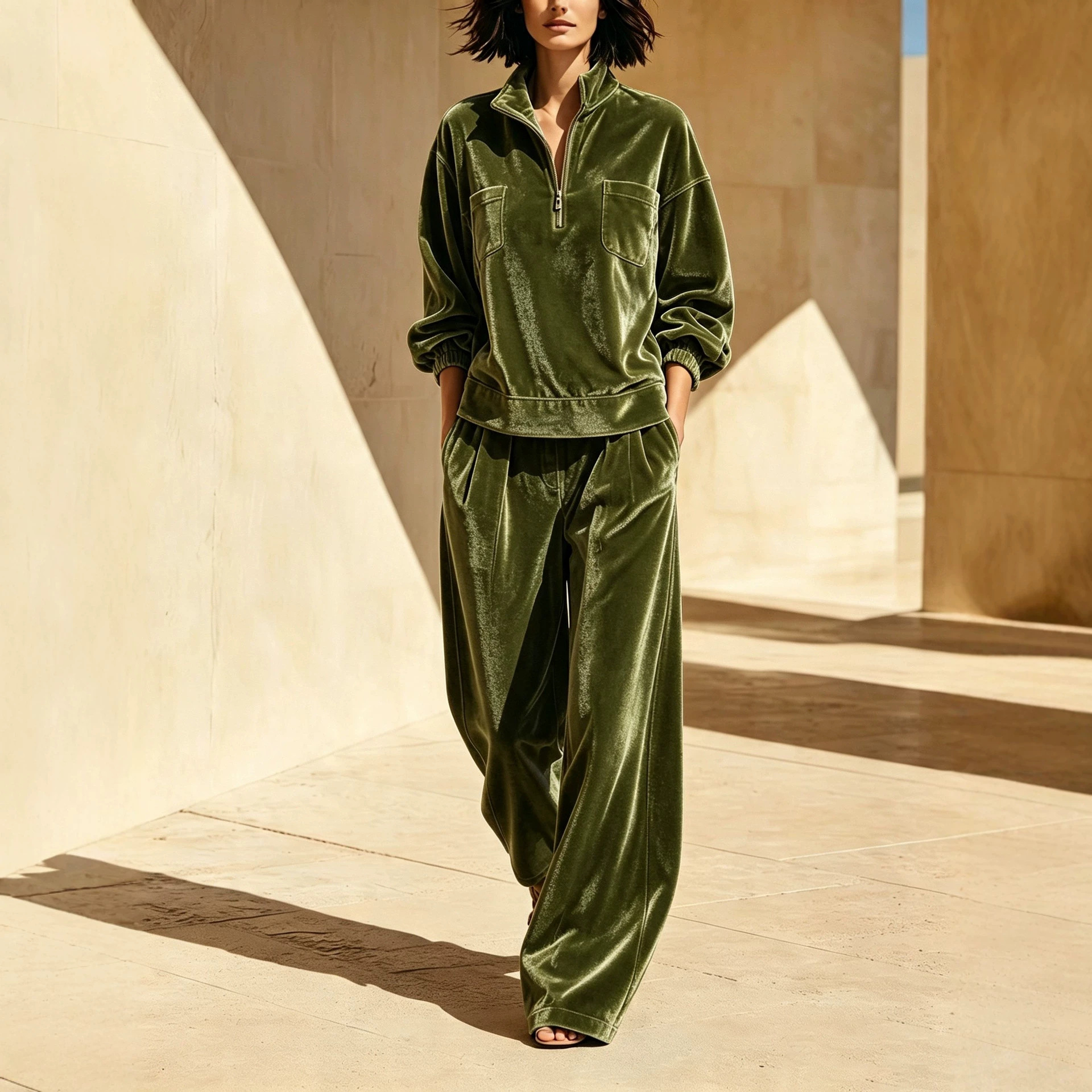 2‑Piece Velour Co‑Ord Set | Half‑Zip Stand Collar Top & Pleated Wide‑Leg Pants Luxury Loungewear Outfit