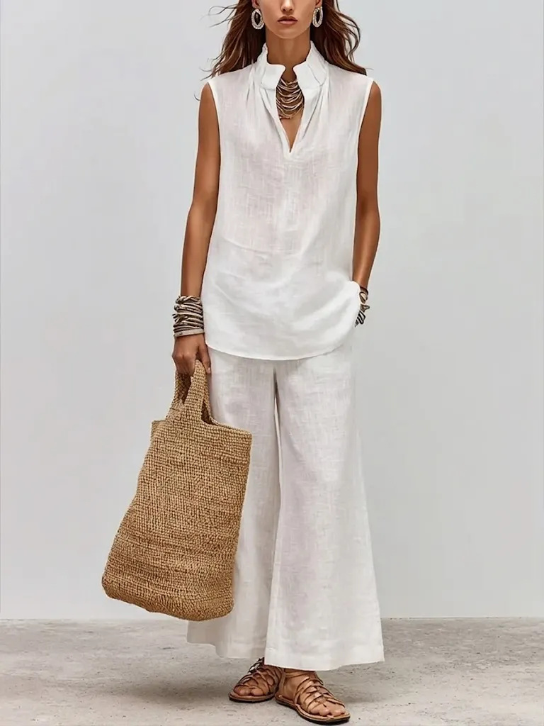 Stand Collar Sleeveless Split Neck Linen Top & Wide Leg Pants Two-Piece Matching Set