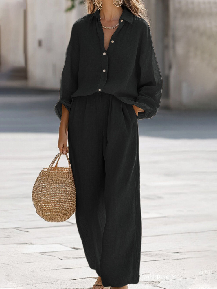 🌞 Oversized Long‑Sleeve Button‑Down Shirt & Elastic Waist Wide‑Leg Linen Two‑Piece Set