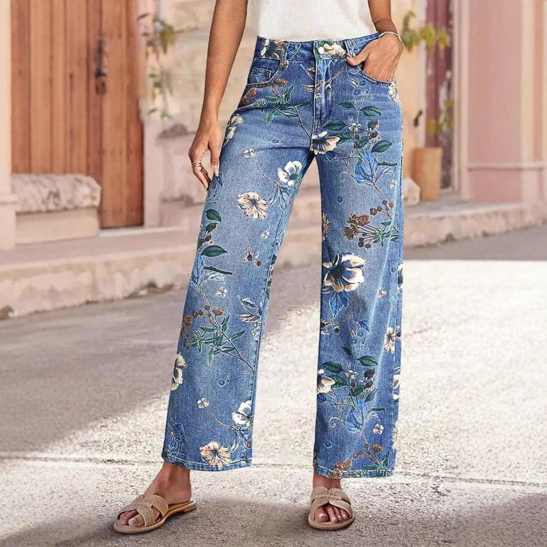 Women Floral Print Wide Leg Jeans