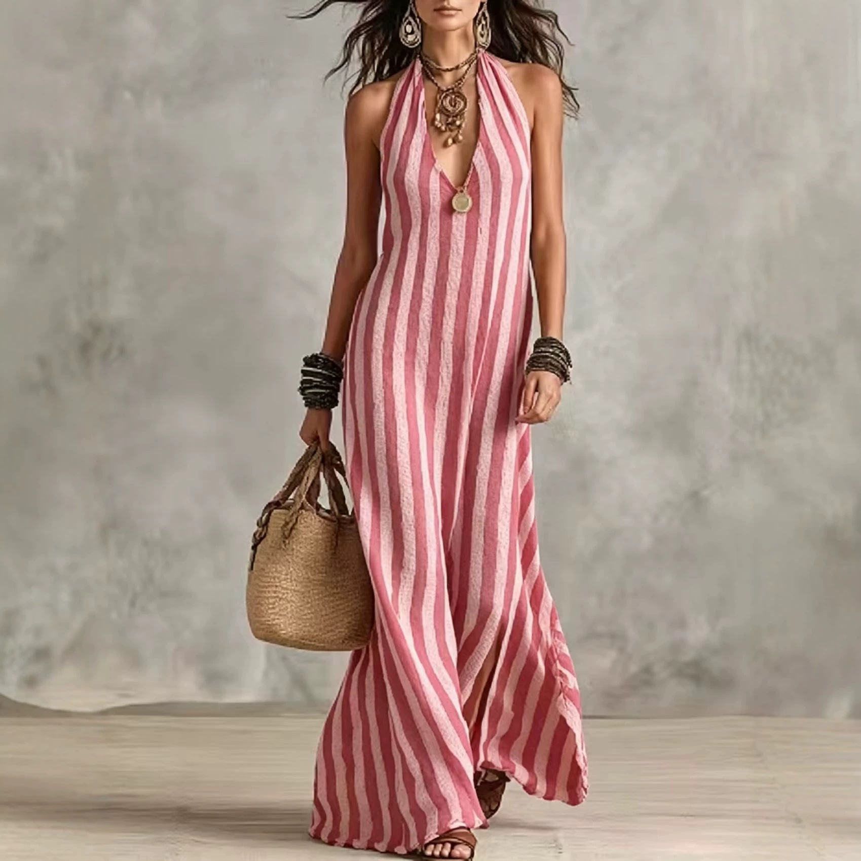 Relaxed Bohemian Stripe Halter Knit Maxi Dress