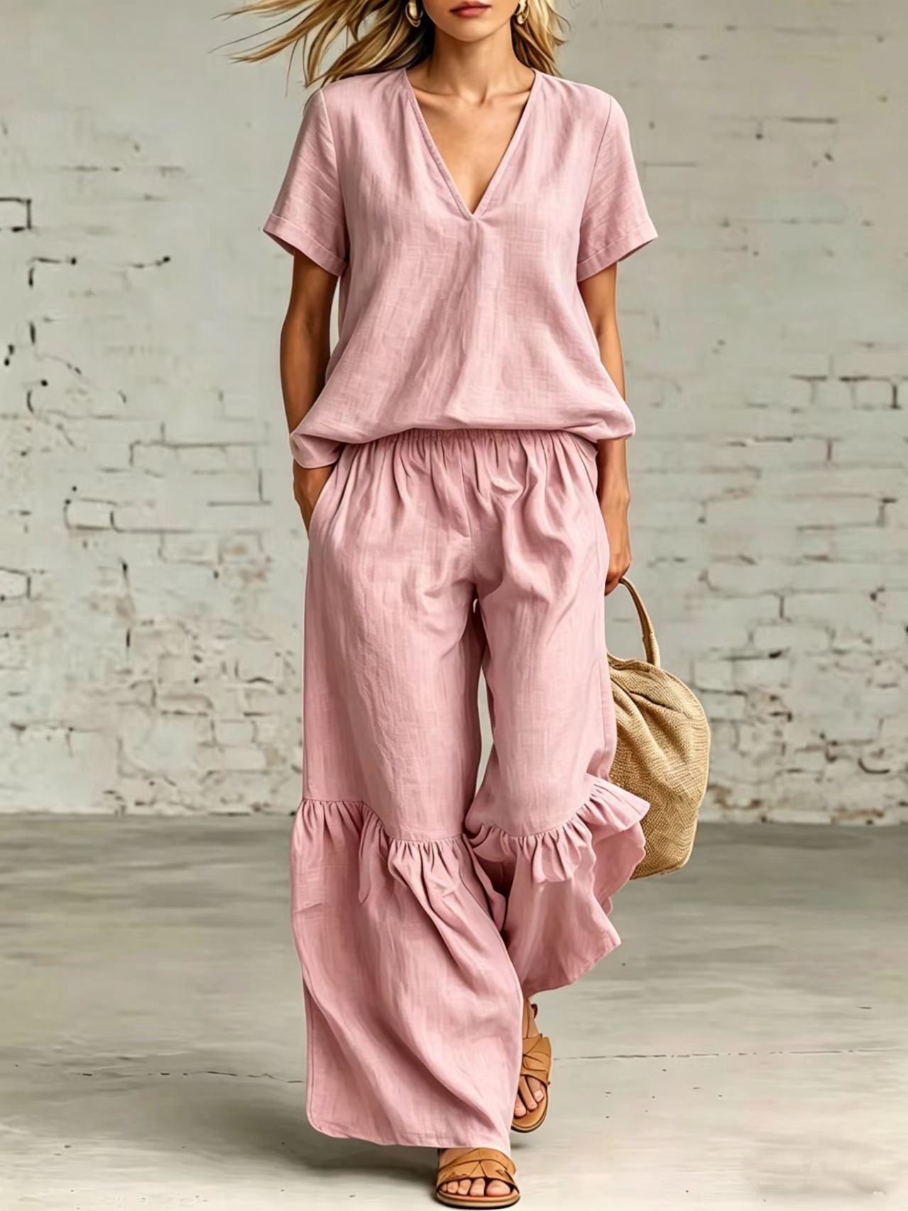 V-Neck Short Sleeve Top Ruffle Wide Leg Two Piece Matching Set