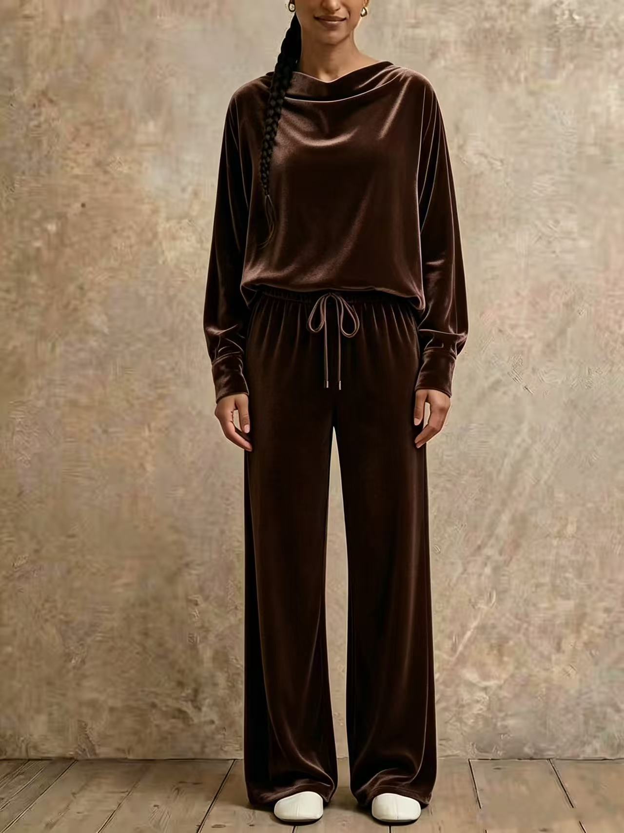 2‑Piece Velvet Co‑Ord Set | Draped Cowl Neck Long‑Sleeve Top & Drawstring Elastic Waist Wide‑Leg Pants Elegant Loungewear Outfit