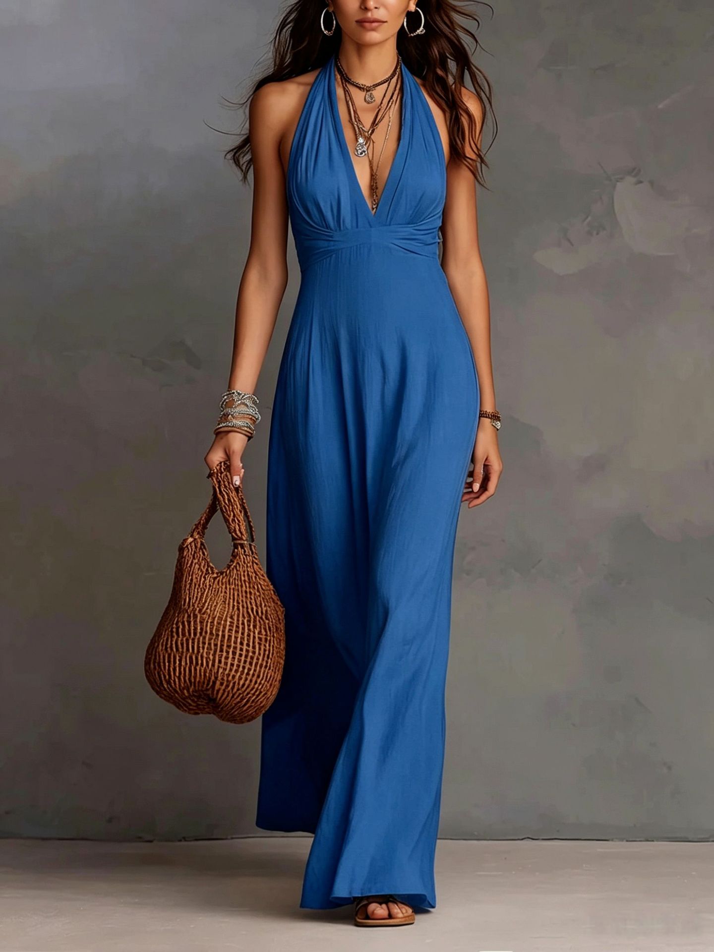 Halter Deep V Wrap Maxi Dress
