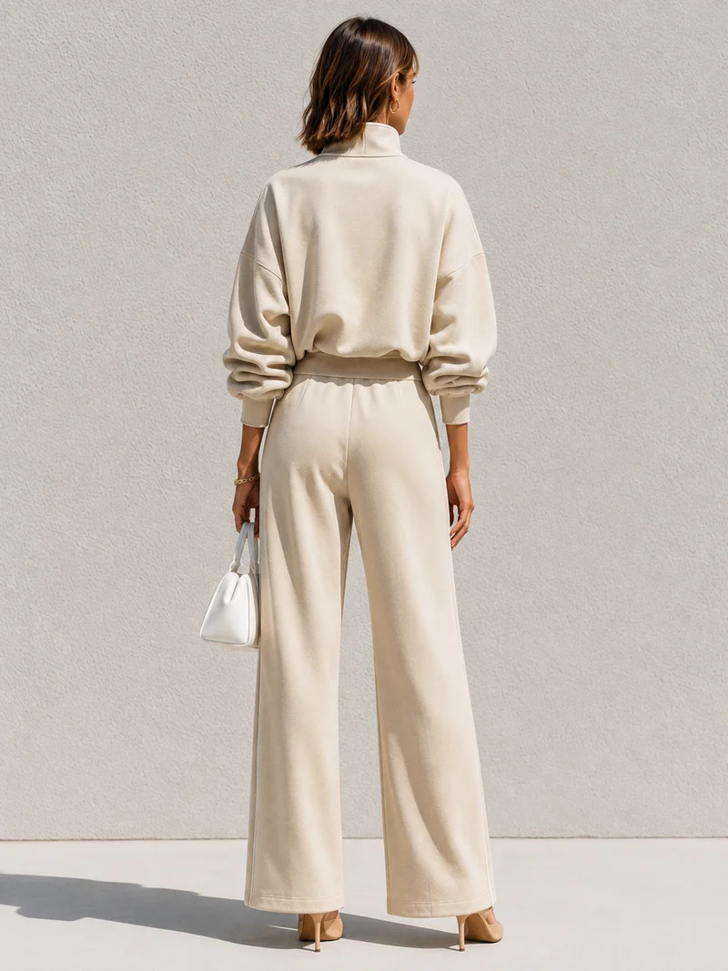 2‑Piece French Terry Co‑Ord Set | Half‑Zip Stand Collar Sweat Top & Seam‑Detail Wide‑Leg Pants Elevated Loungewear Outfit