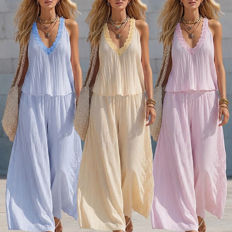 Lace Trim V-Neck Striped Cami & Wide Leg Palazzo Pants Two-Piece Set