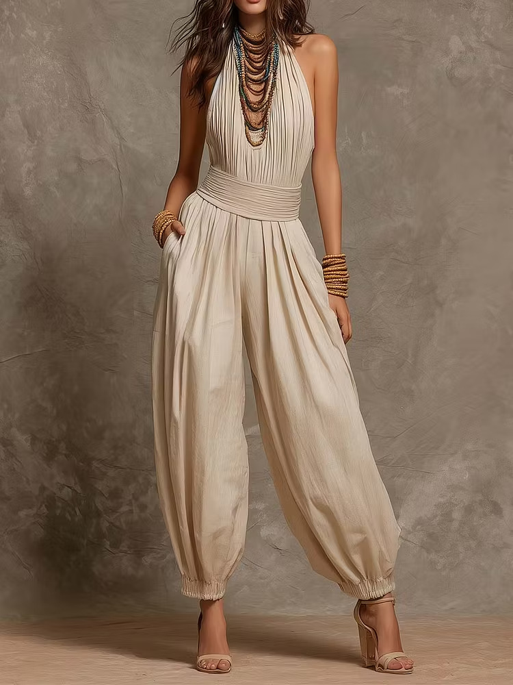 Ruched Halter Neck Self Tie Waist Jogger Harem Jumpsuit With Side Pockets